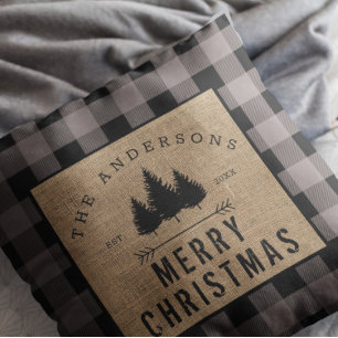 Rustic Country Family Name Merry Christmas Plaid Cushion