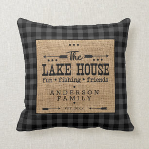 Rustic Country Family Name Plaid Lake House  Throw Cushion
