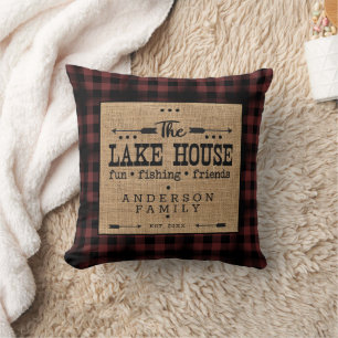 Rustic Country Family Name Plaid Lake House Throw Cushion