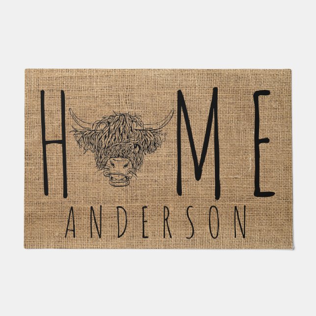 Rustic Country Faux Burlap Cute Longhorn Cow Head Doormat (Front)