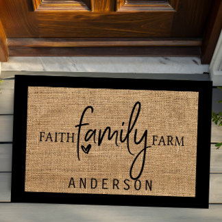 Rustic Country Faux Burlap Faith Family Farm Doorm Doormat