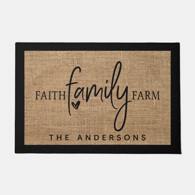 Rustic Country Faux Burlap Faith Family Farm Doormat (Front)