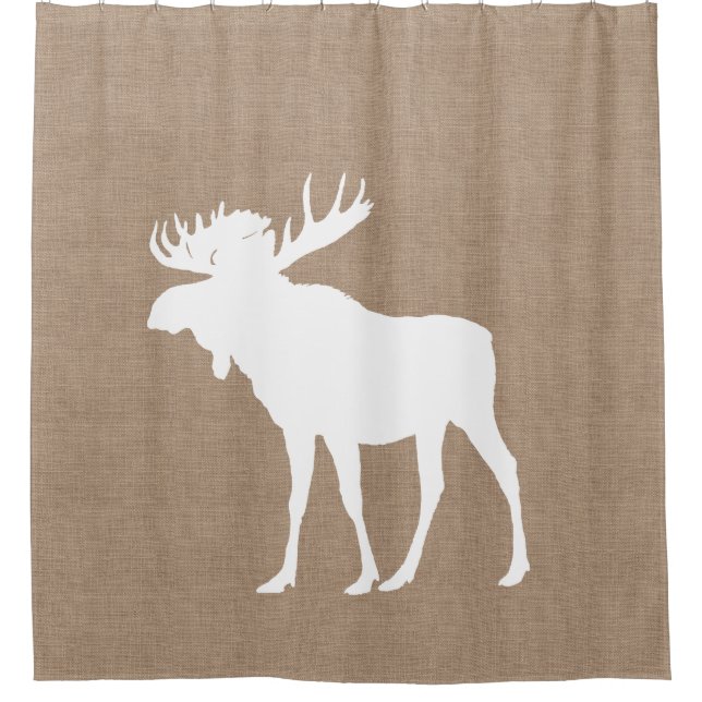Rustic Country Faux Burlap White Moose Silhouette Shower Curtain (Front)