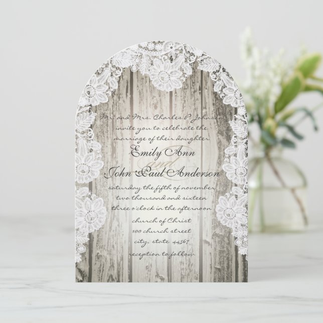 Rustic Country Faux Lace Barn Wood Wedding Invitation (Standing Front)