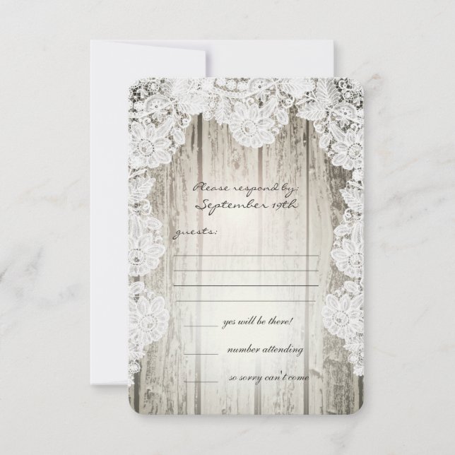 Rustic Country Faux Lace Barn Wood Wedding RSVP Card (Front)