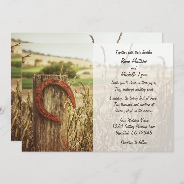 Rustic Country Fence and Horseshoe Wedding Invite (Front/Back)