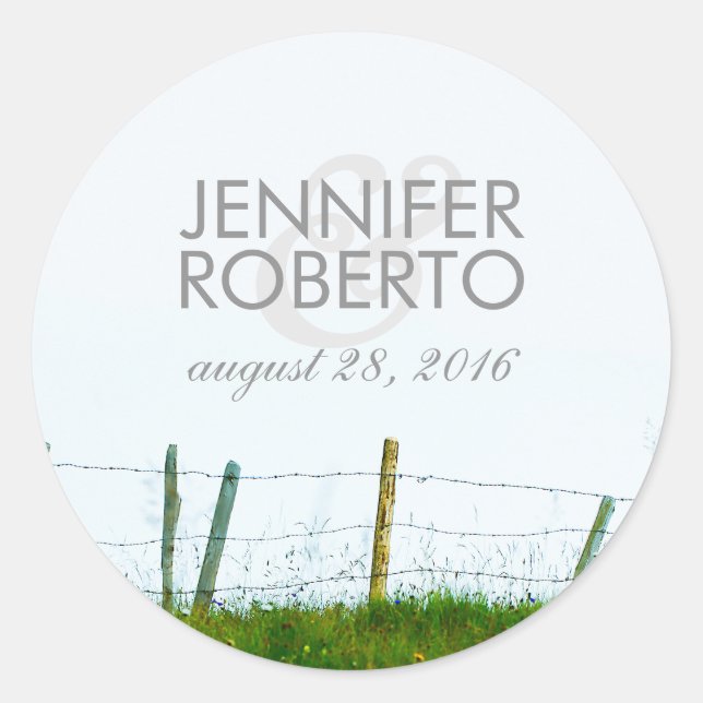 Rustic Country Fence Rural Farm Wedding Classic Round Sticker (Front)