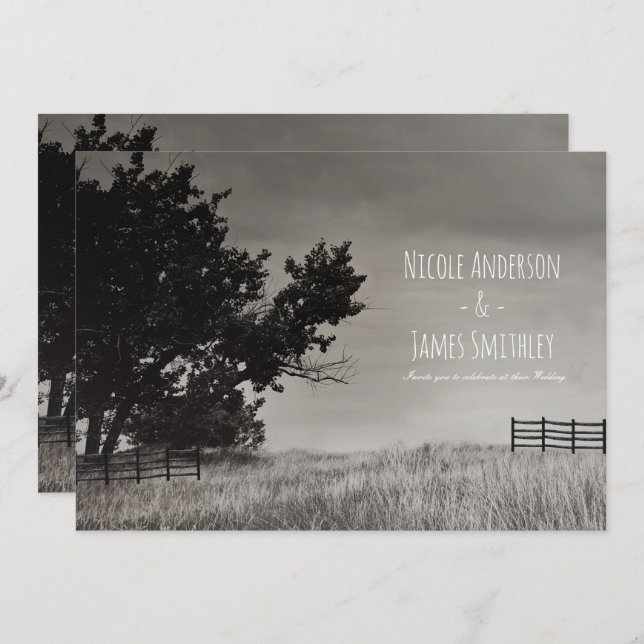 Rustic Country Field Black White Country Wedding  Invitation (Front/Back)