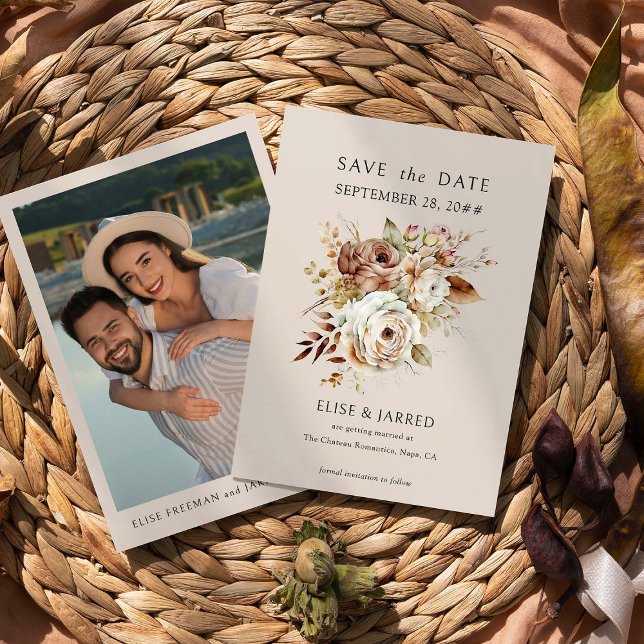 Rustic Country Floral and Engagement Photo Wedding Save The Date (Save the Date Photo Invite from the Rustic Floral Brown Neutral Wedding Collection by Darling & May)