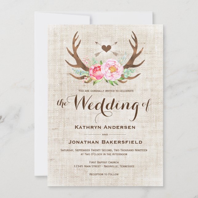 Rustic Country Floral Antlers Wedding Invitations (Front)
