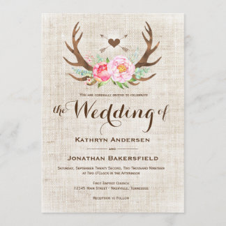 Rustic Country Floral Antlers Wedding Invitations
