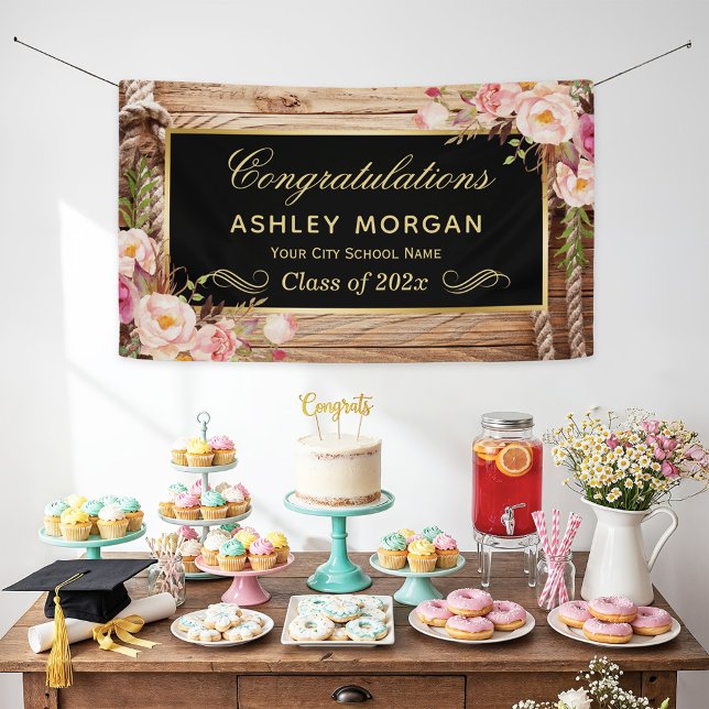 Rustic Country Floral Gold Accent Graduation Party Banner (Creator Uploaded)
