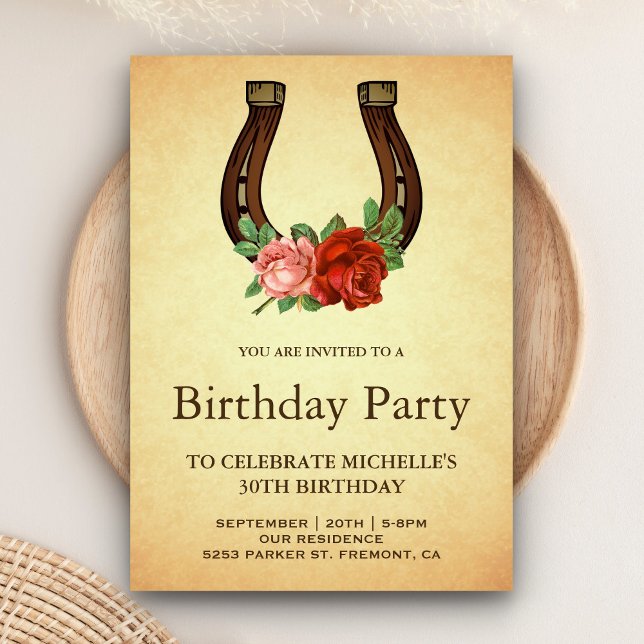Rustic Country Floral Horseshoe Birthday Party Invitation (Creator Uploaded)