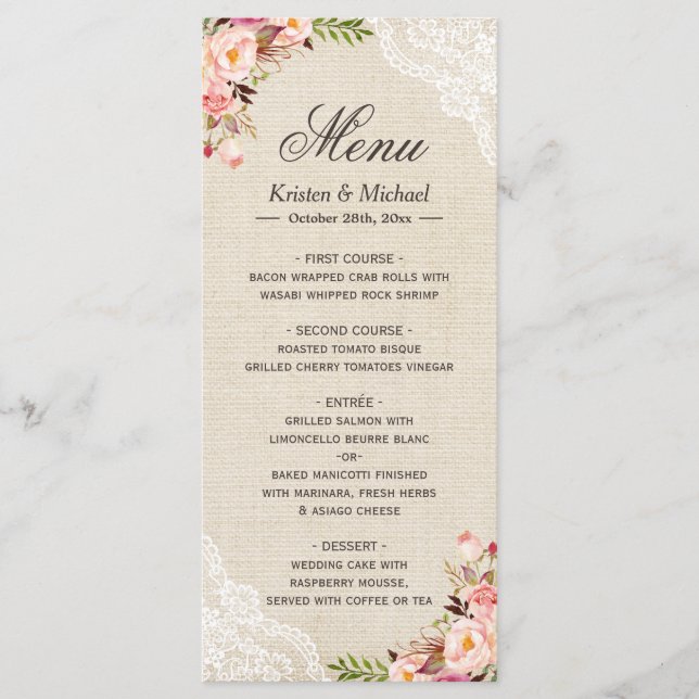 Rustic Country Floral Lace Burlap Wedding Menu (Front)
