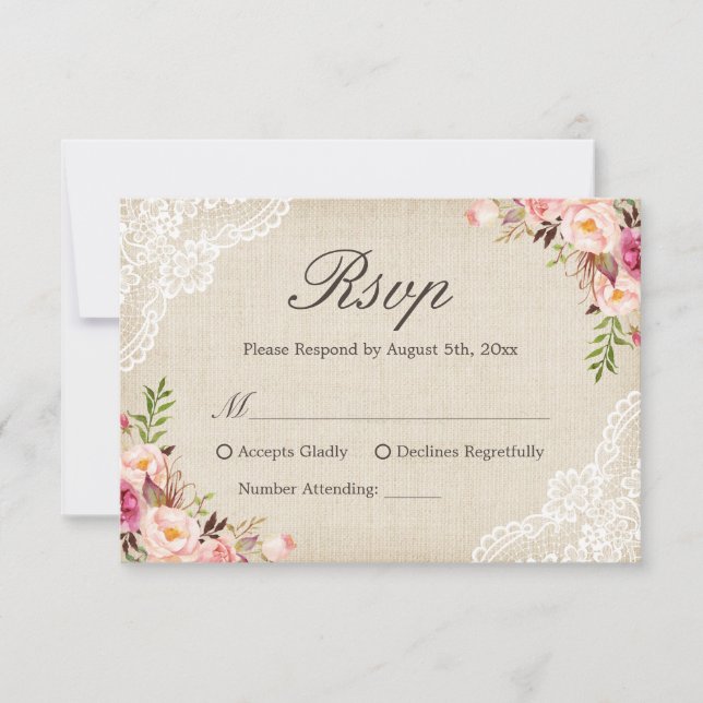 Rustic Country Floral Lace Ivory Burlap RSVP Reply (Front)