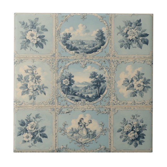 Rustic Country Floral Motif Distressed Mute Tones Tile (Front)