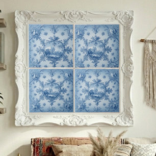 Rustic Country Floral Motif Dusty Blue Muted Tones Tile