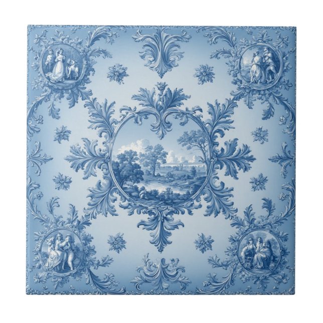 Rustic Country Floral Motif Dusty Blue Muted Tones Tile (Front)