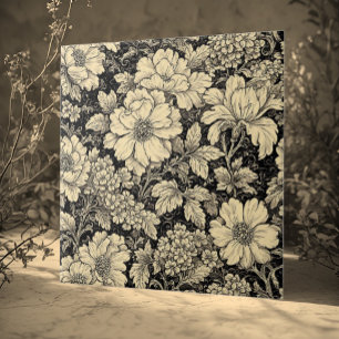 Rustic Country Floral Motifs Monochrome Distressed Tile