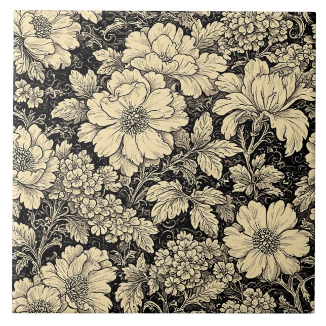 Rustic Country Floral Motifs Monochrome Distressed Tile (Front)