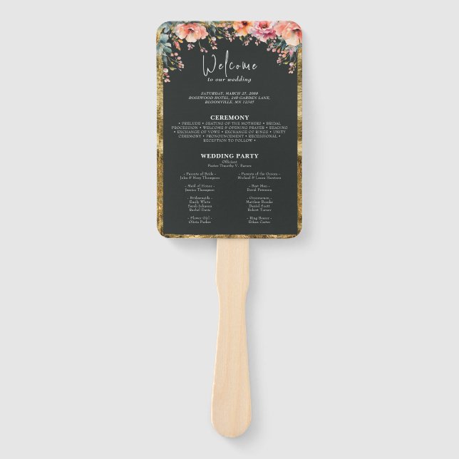 Rustic Country Floral Sage Green Wedding Program Hand Fan (Front)