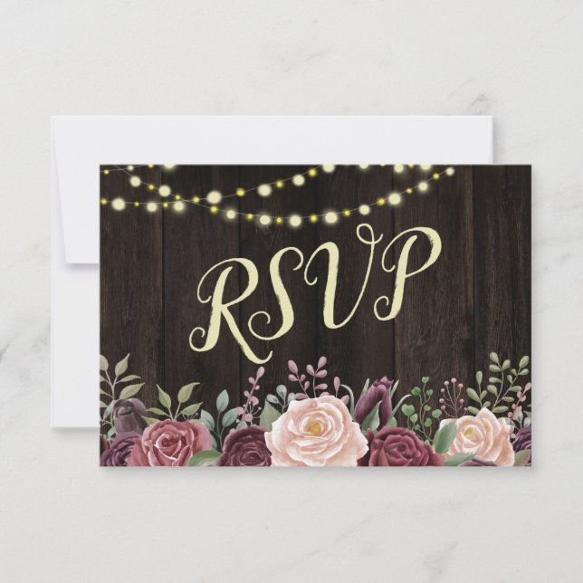 Rustic Country Floral String Lights on dark Wood RSVP Card (Front)
