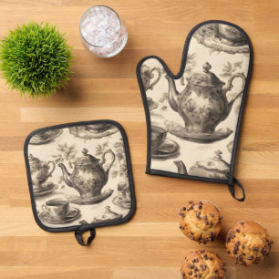 Rustic Country Floral Tea Party Vintage Teapot Oven Mitt & Pot Holder Set