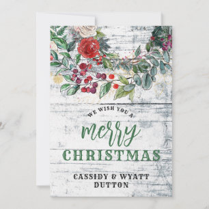 Rustic Country Floral Wood Christmas  Holiday Card