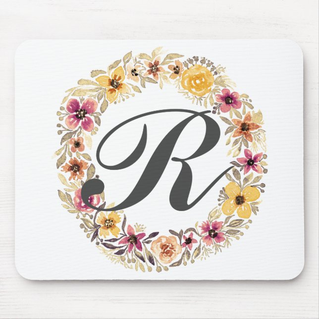 Rustic Country Floral Wreath Watercolor Monogram Mouse Pad (Front)