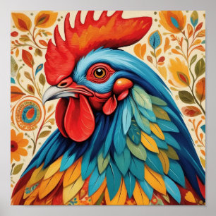 Rustic Country Folk Rooster Chicken Poster