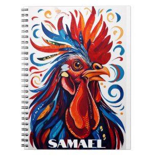 Rustic Country Folk Rooster Chicken Red Blue Name Notebook