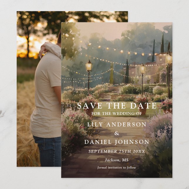 Rustic Country Garden String Lights Photo Wedding Save The Date (Front/Back)