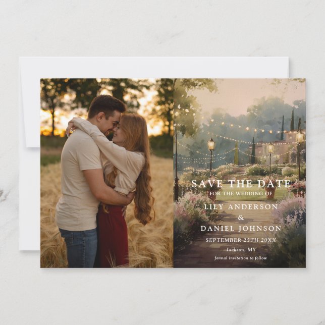 Rustic Country Garden String Lights Wedding Photo Save The Date (Front)