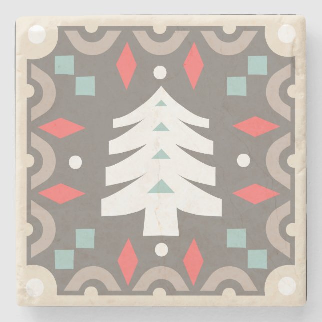 Rustic Country Geometric Colourful Pine Tree Stone Coaster (Front)