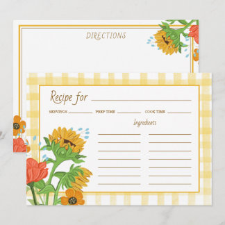 Rustic Country Gingham Sunflower Recipe Card
