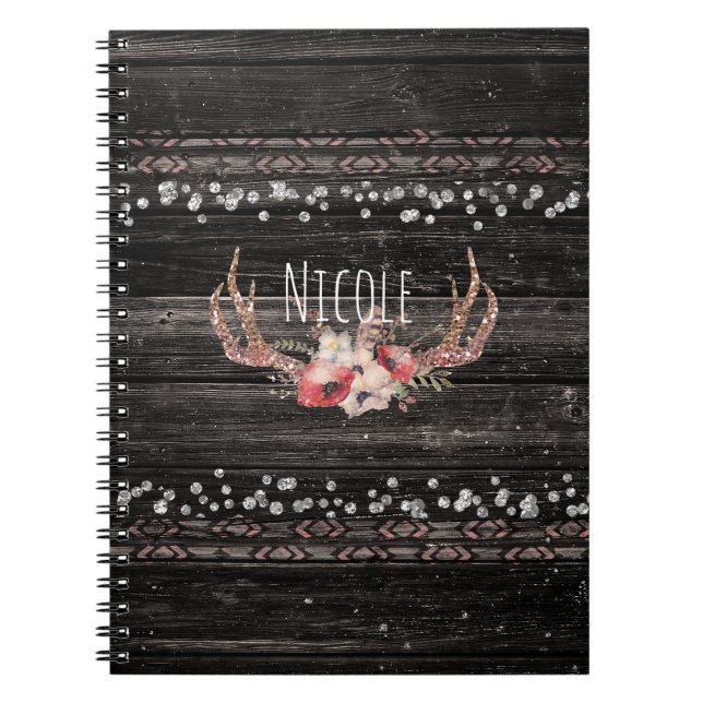 Rustic Country Glam Flowers & Antlers Chic Boho Notebook (Front)