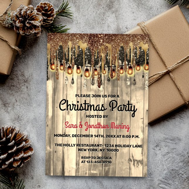 Rustic Country gold glitter drips Christmas Party  Invitation (Creator Uploaded)