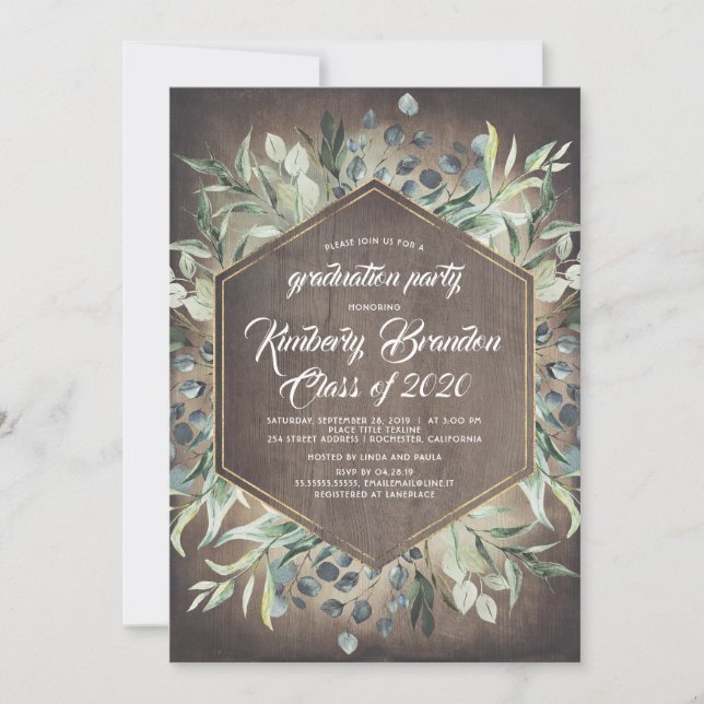 Rustic Country | Greenery Gold Frame Graduation Invitation (Front)