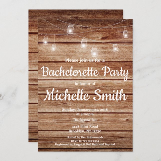 Rustic Country Hanging Lights Bachelorette Party Invitation (Front/Back)