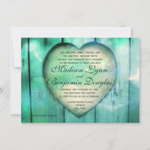 Rustic Country Heart Aqua Wood Wedding Invitations