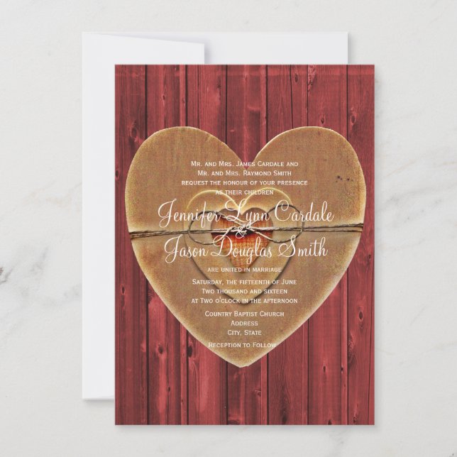 Rustic Country Hearts Barn Wood Wedding Invitation (Front)