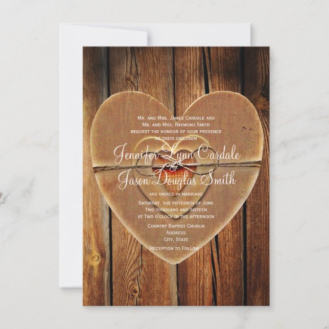 Rustic Country Hearts Barn Wood Wedding Invitation (Front)