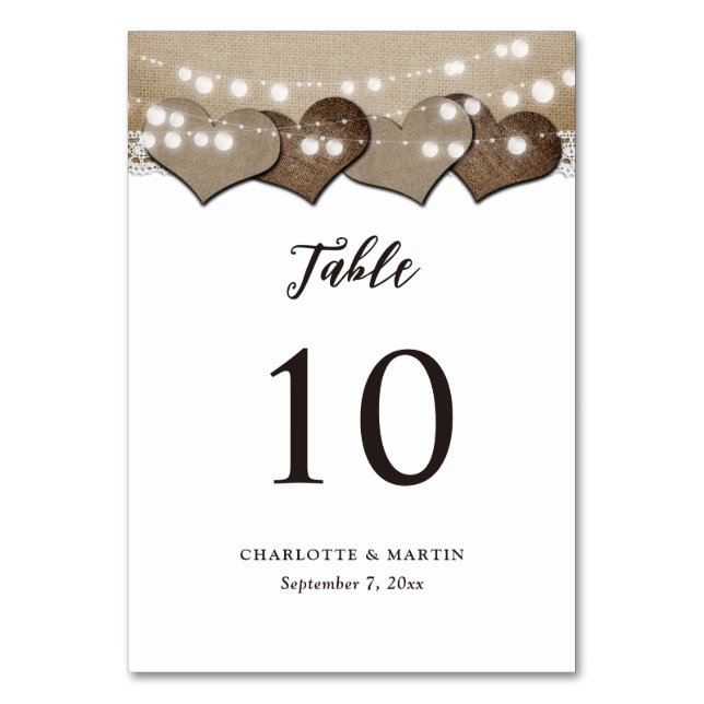 Rustic Country Hearts Burlap String Lights Wedding Table Number (Front)