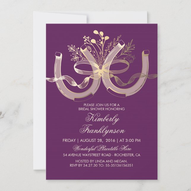 Rustic Country Horseshoe Gold Purple Bridal Shower Invitation (Front)