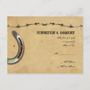 Rustic Country Horseshoes Barbed Wedding RSVP Invitation Postcard
