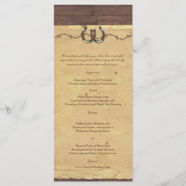 Rustic Country Horseshoes Barbed Wire Wedding Menu (Front)