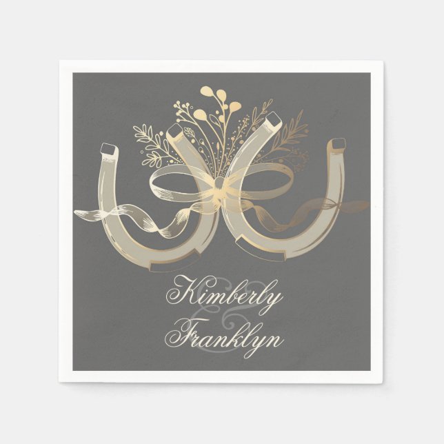 Rustic Country Horseshoes Gold and Grey Wedding Napkin (Front)