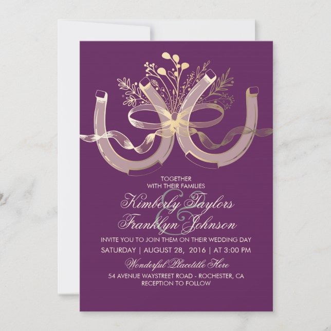 Rustic Country Horseshoes Gold and Plum Wedding Invitation (Front)