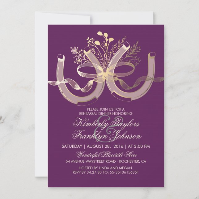 Rustic Country Horseshoes Gold Rehearsal Dinner Invitation (Front)