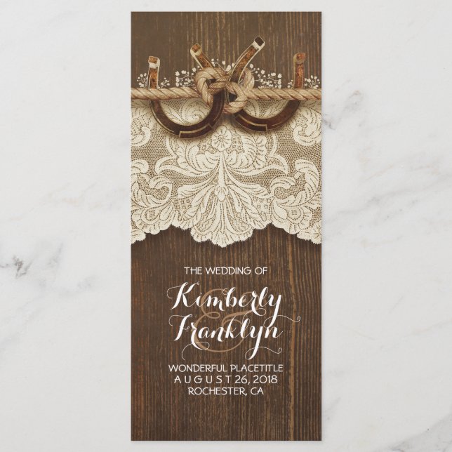 Rustic Country Horseshoes LaceWood Wedding Program Programme (Front)